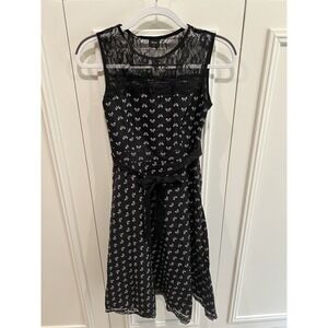 Akyra Black & White Bow Print Fit & Flare Dress Belted Size Small Whimsical Lace